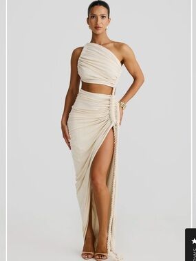 One-Shoulder Cream Asymmetrical Ruched Two-Piece Dress